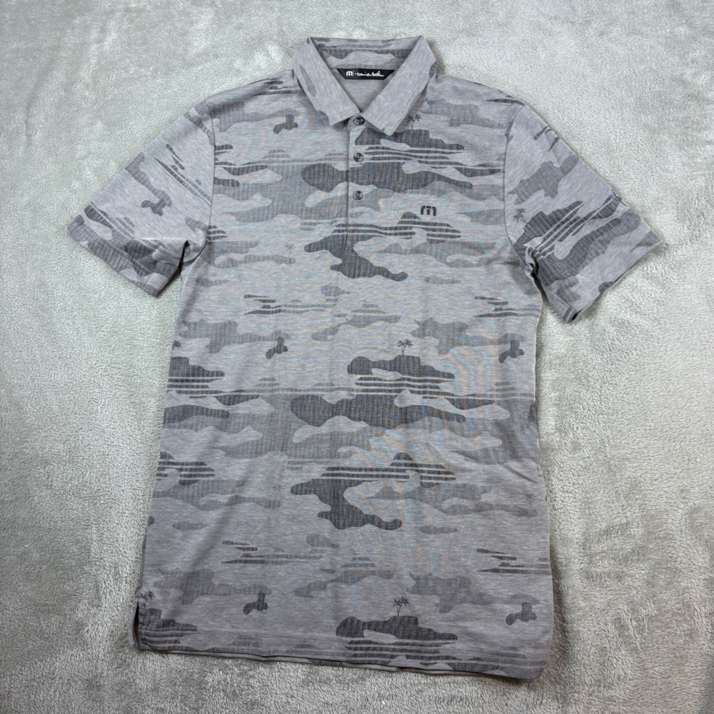 Travis Mathew Polo Mens Medium Camo Tropical Palm Tree Golf Shirt Grey Stretch